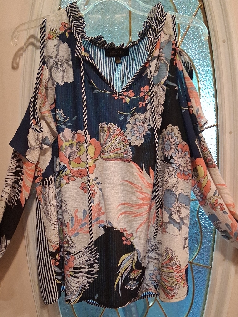 Melissa Paige Navy and Coral Floral Cold-Shoulder Tunic